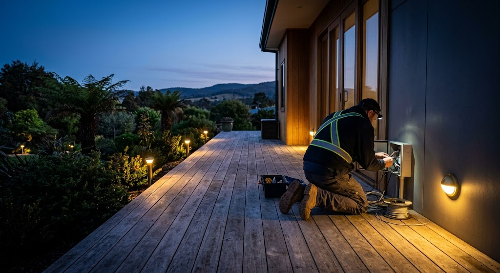 Mayne Choice Electrical electrician installing outdoor deck and garden lighting at dusk in Southern Tasmania