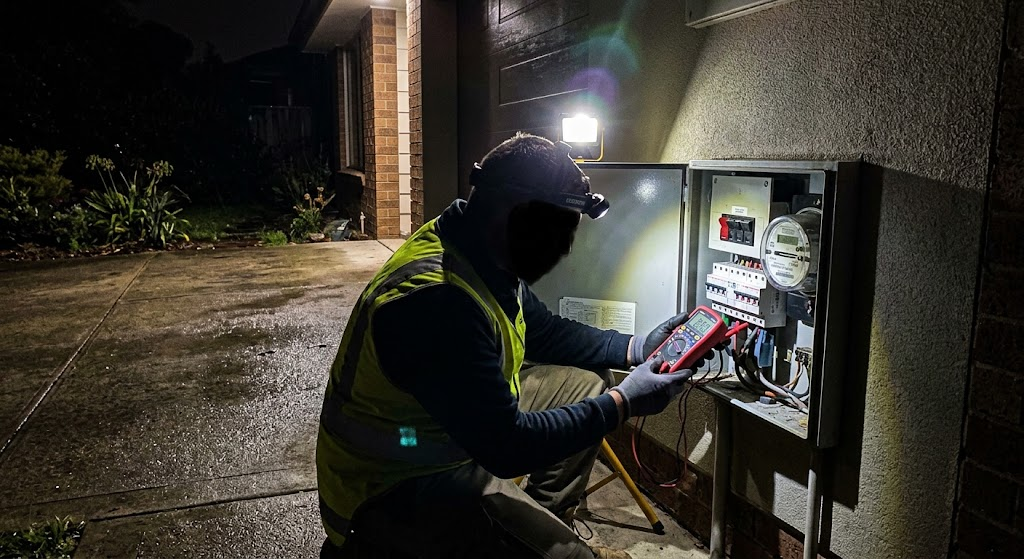 Mayne Choice Electrical electrician testing a home switchboard with a multimeter during an after-hours call-out