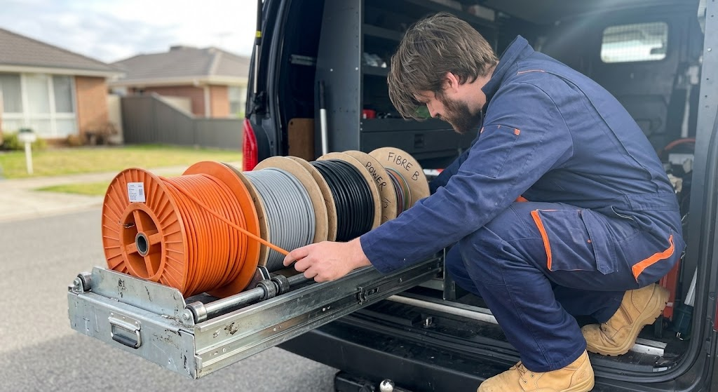 Mayne Choice Electrical electrician pulling power and fibre cable from reels in the back of the work van